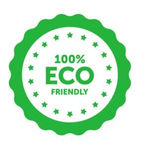 Eco friendly 100 percent green badge with wavy edge. Design element for packaging design and promotional material. Vector stock illustration.